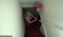 Pink dress blonde flashing her amateur tits while cleaning